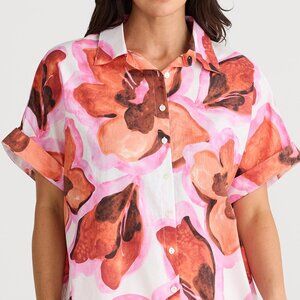 Brave + True Pink Orange Floral Button-Up Cotton Summer Top sz M/L NWT